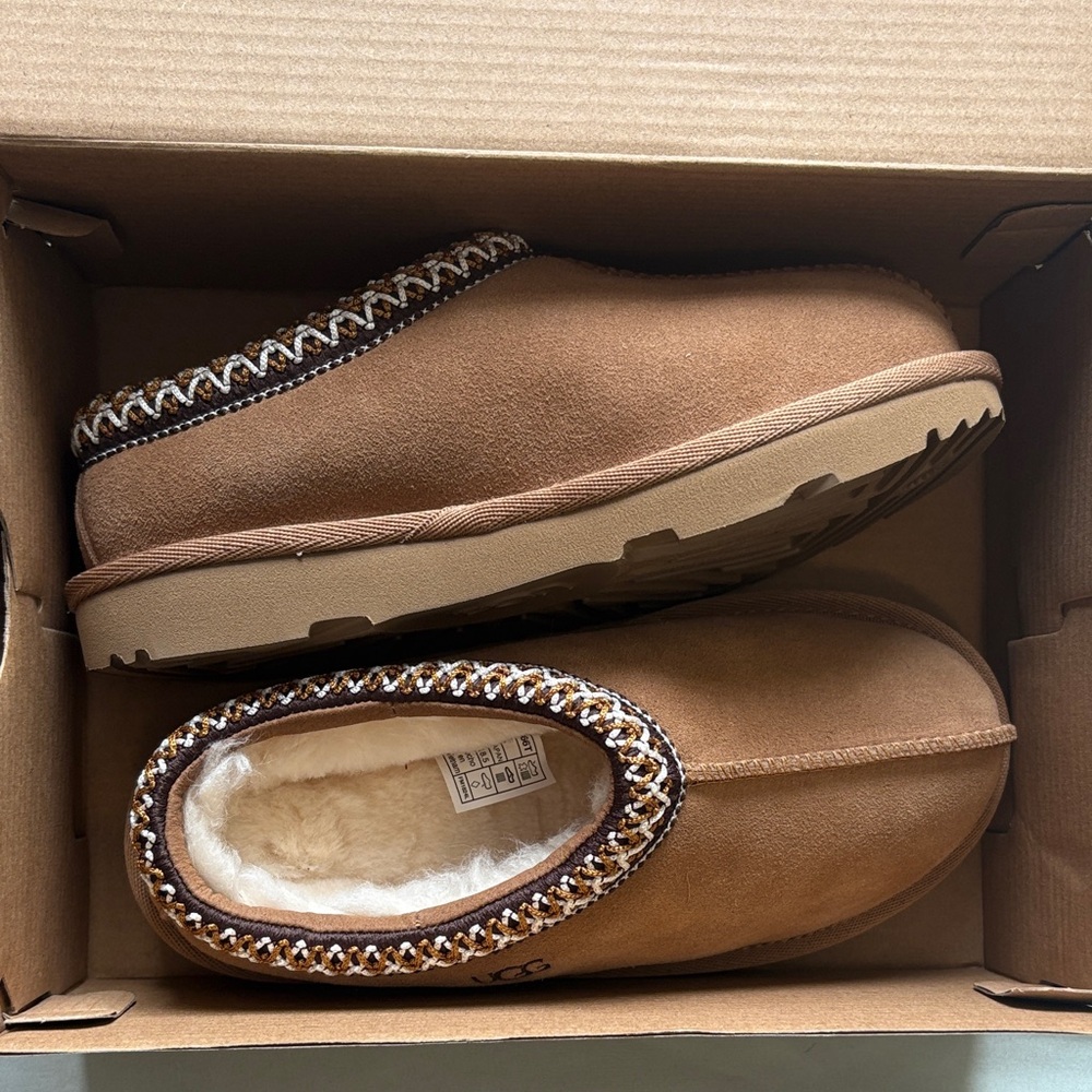 UGG Tan Suede Slip-Ons with Knit Trim